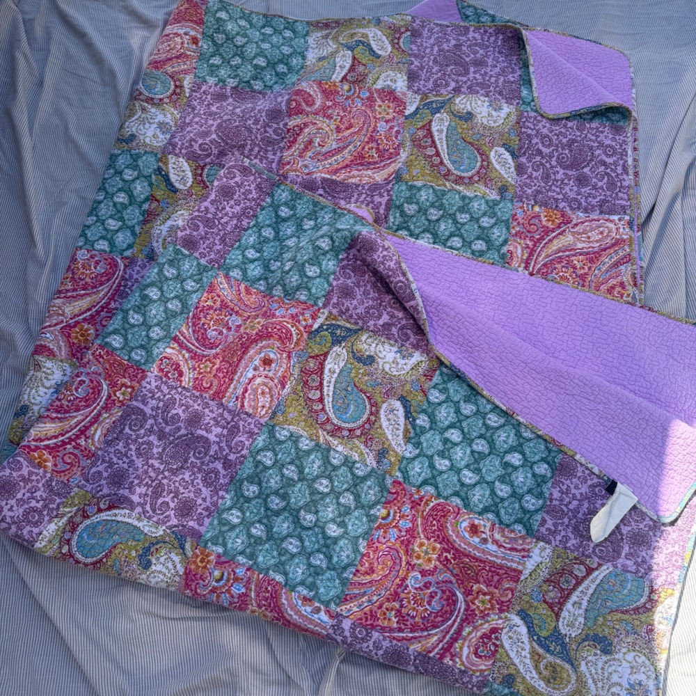 Cynthia Rowley Quilt Set Full Queen Purple Pink Paisley Patchwork 3pc Cotton - Picture 15 of 16